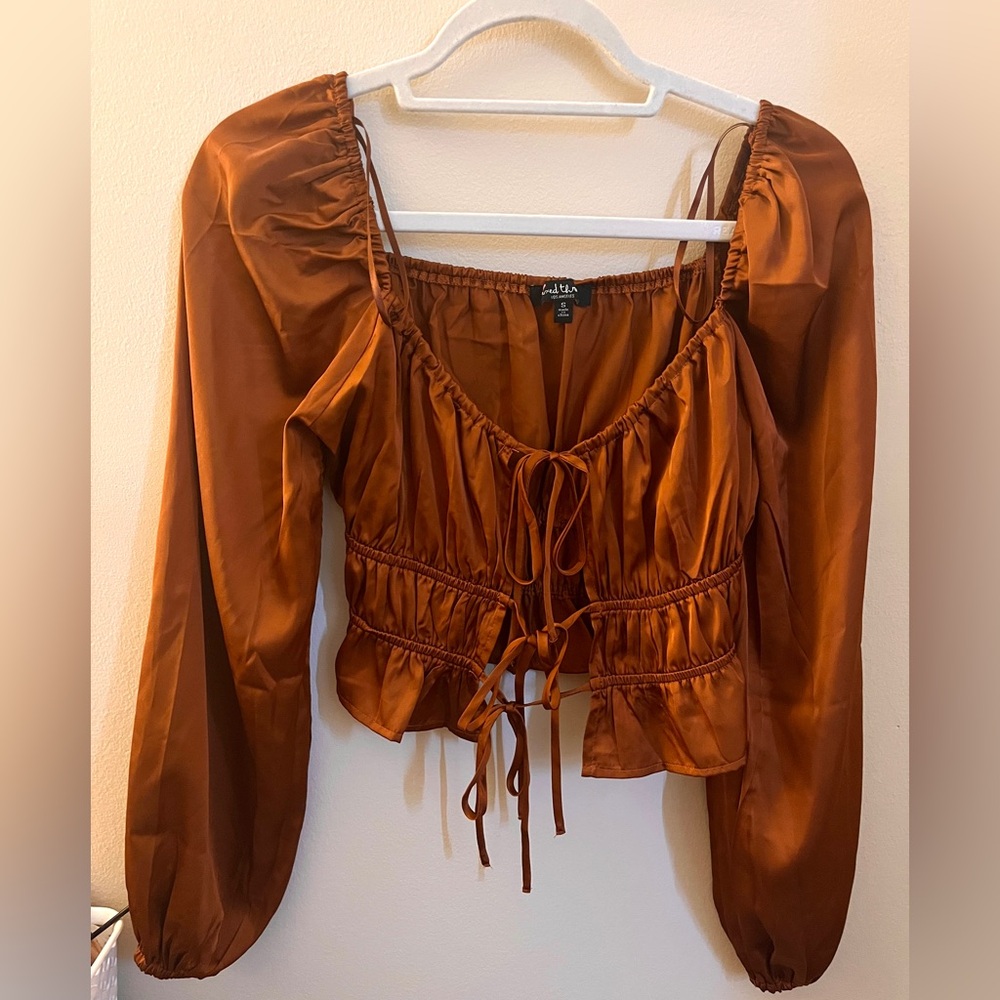 Mixed Threads Copper Satin Tie-front Top